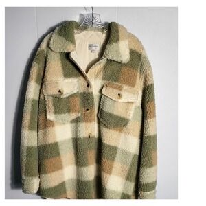 By Together Womens L Plaid Sherpa Jacket Shirt Jacket Green Brown Cream Large